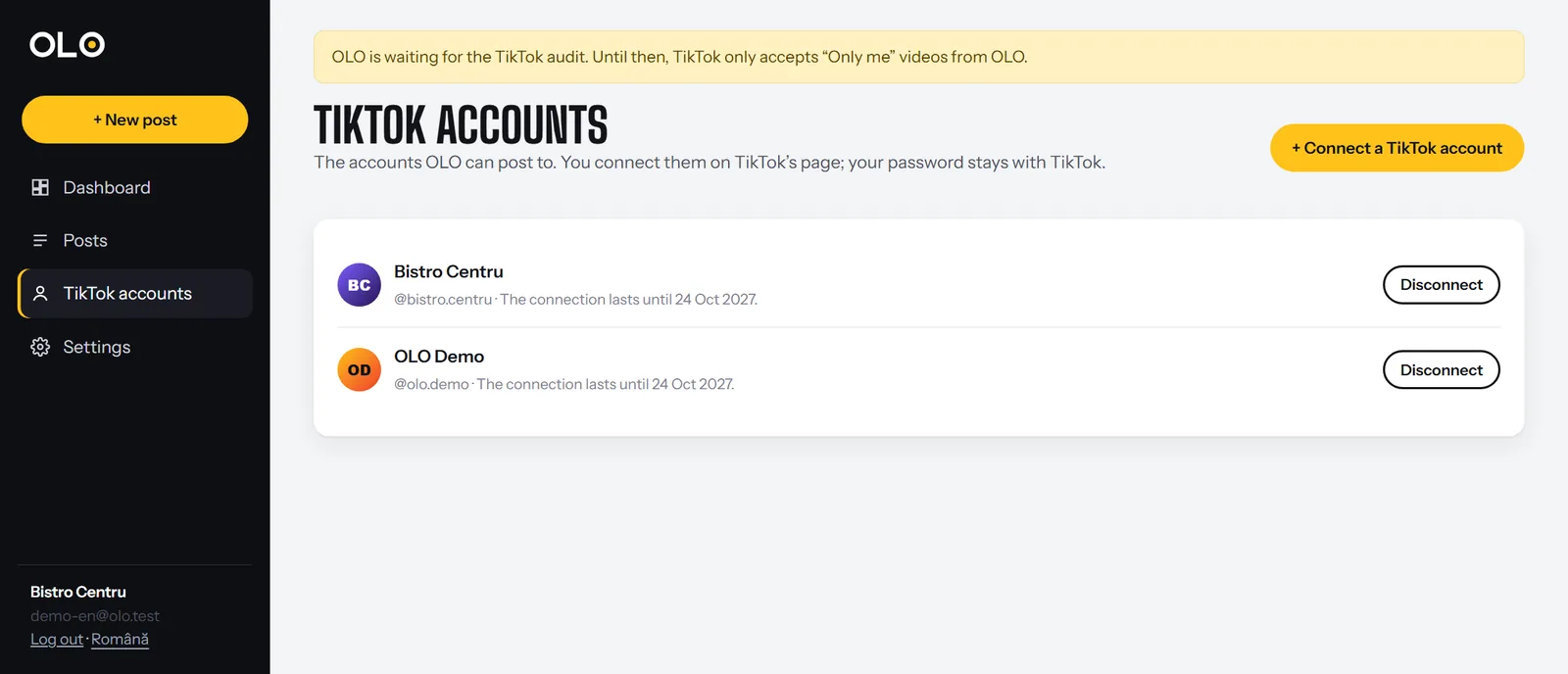 Connected TikTok accounts in OLO, with the date the connection lasts until