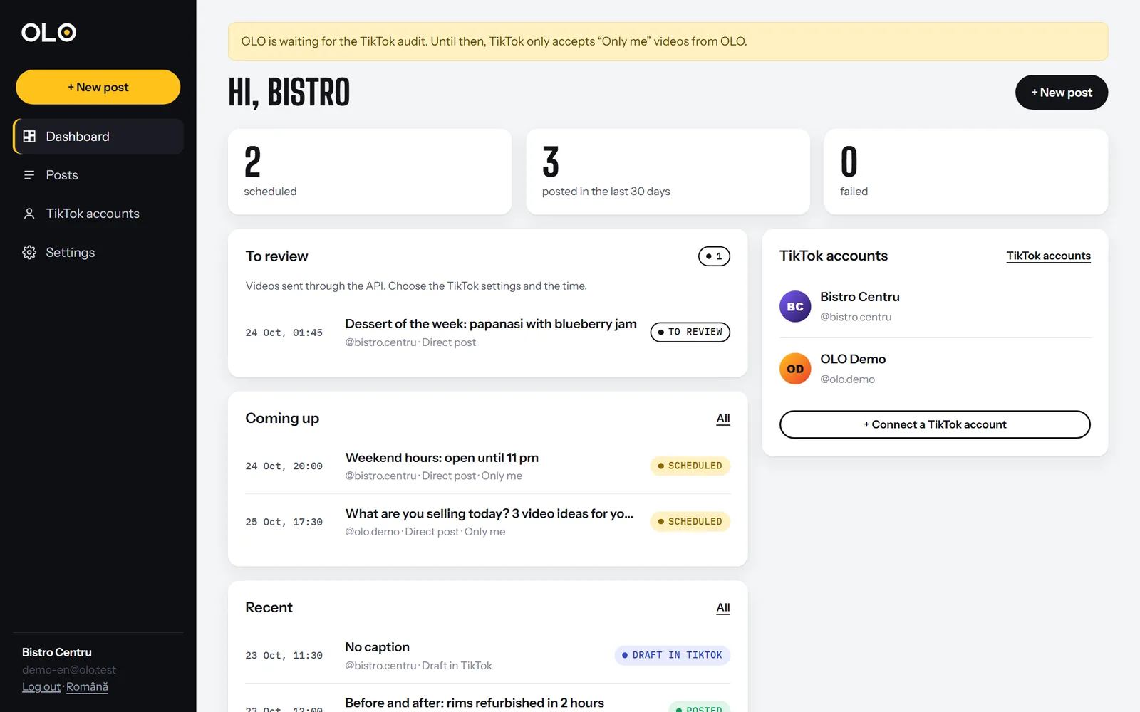 Dashboard: to review, scheduled, recent, connected accounts.