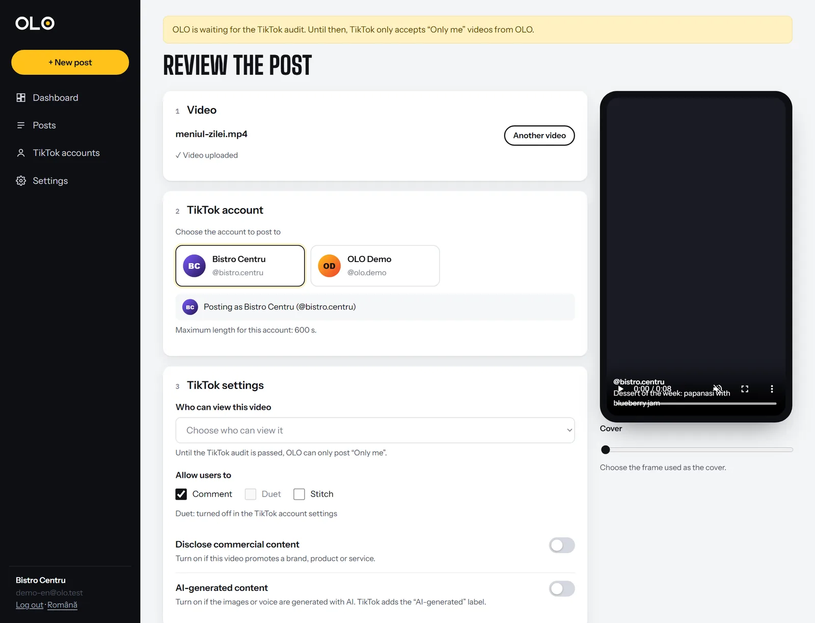 Posting form: account, who can view, interactions, commercial content.