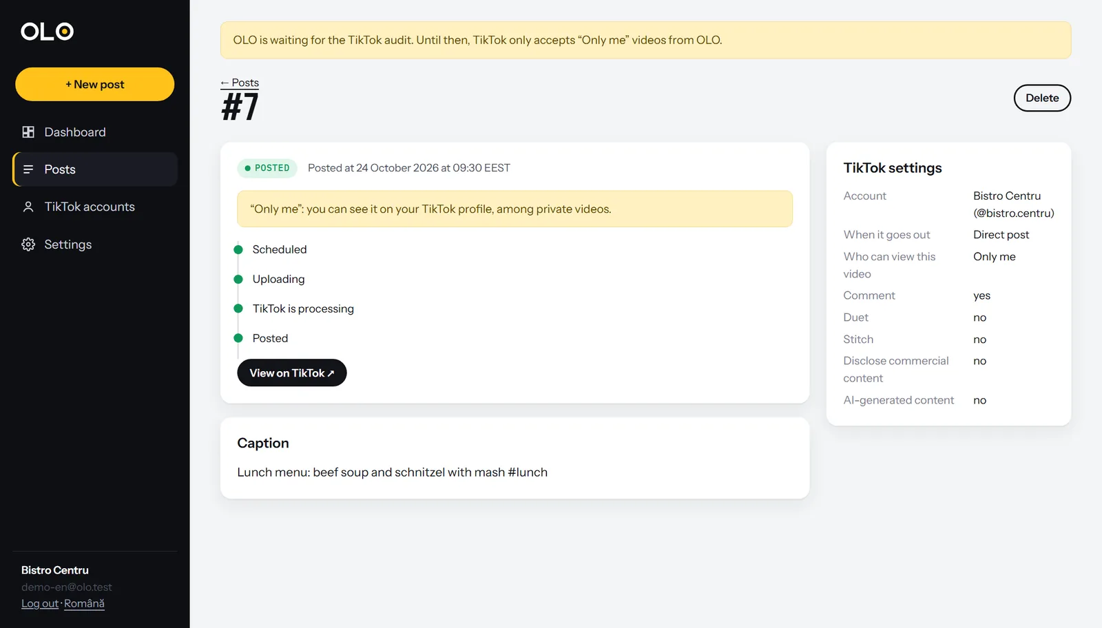 An OLO post page with the steps to publishing and the chosen TikTok settings