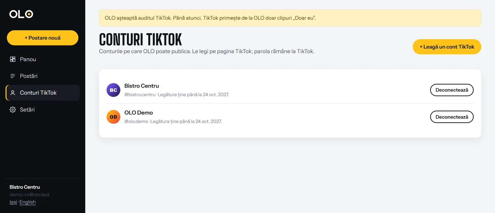Conturile TikTok legate în OLO, cu data până la care ține legătura