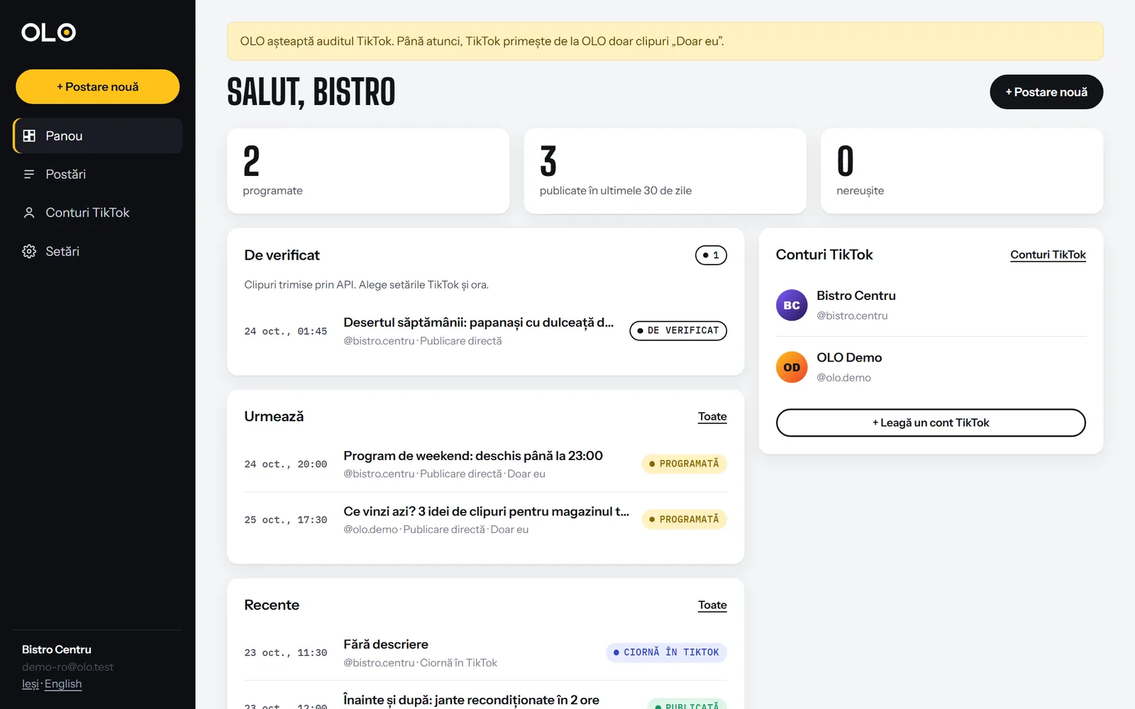 Panoul: de verificat, programate, recente, conturile legate.